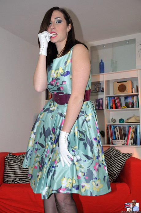 Brunette babe Paige peels her dress to spread unclothed showing bald twat - #213919