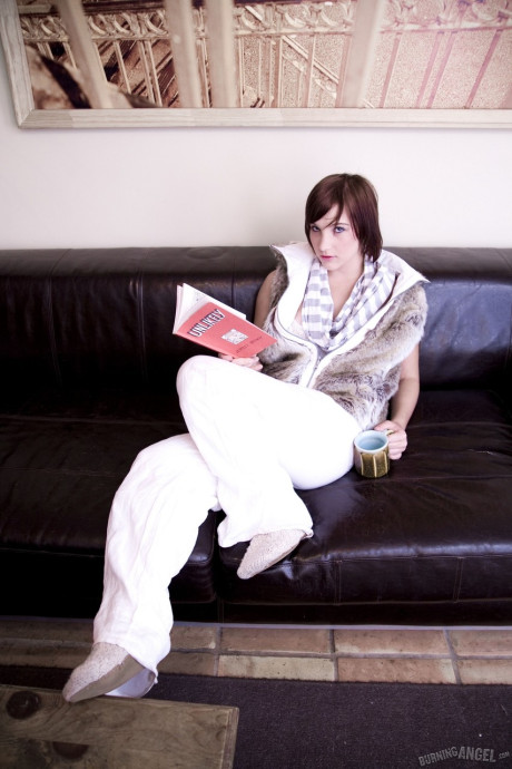 Erotic brunette hipster sweetie Jackie sheds fur vest exposing pierced nipples - #304675