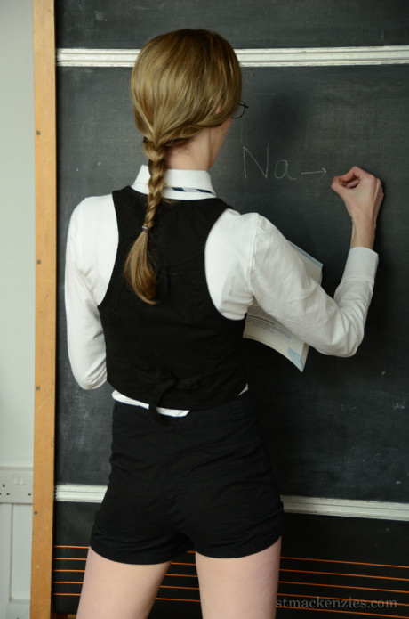 Schoolgirl Melissa Thompson stands at the chalkboard after stripping undressed - #156053