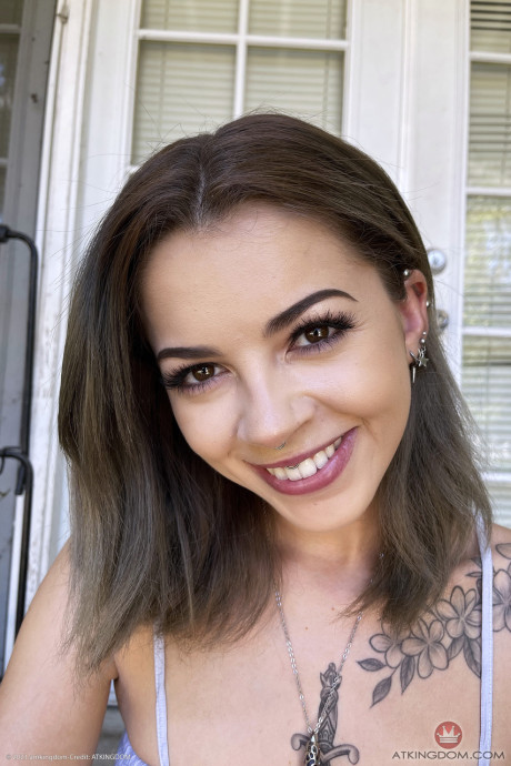 Attractive young with pierced enormous melons Bella Luna shows her twat up close - #281444