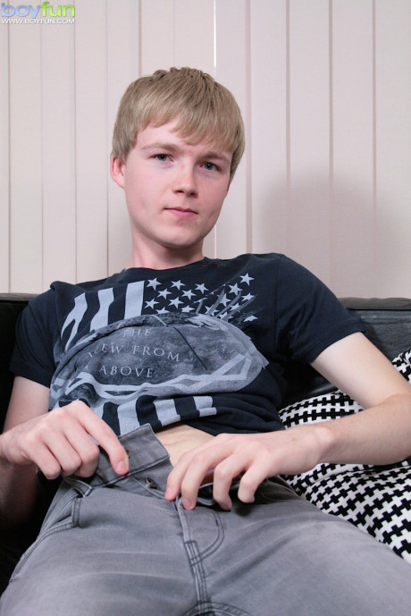 Blondy twink Tyler Manson shows his giant balls while jerking his hard cock - #198038