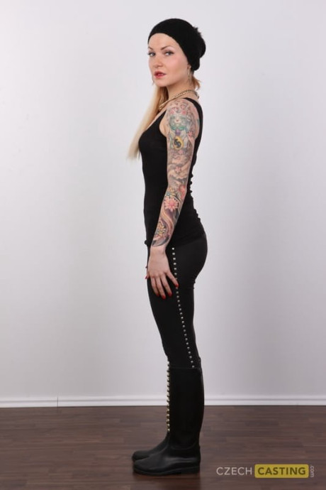 Tattooed amateur with a nice butt gets naked on a stool during solo action #16853