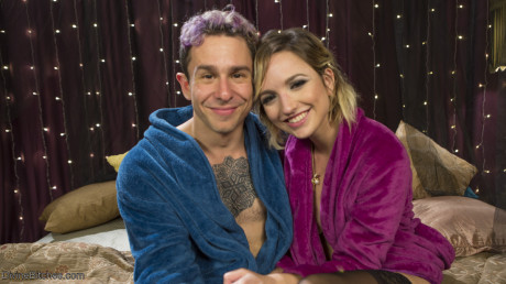 Lovely thin babe in undies Eliza Jane fucks a sleazy guy on a bed - #211703