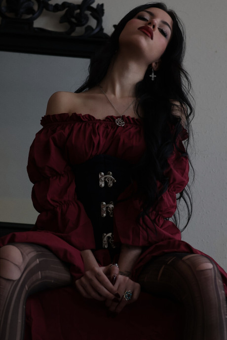 Dark-haired amateur Kore Fox models a retro dress and sheer leggings - #308432