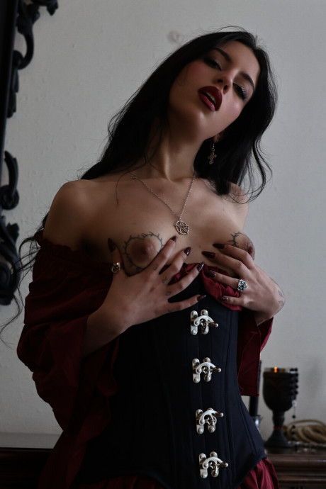 Dark-haired amateur Kore Fox models a retro dress and sheer leggings - #308433