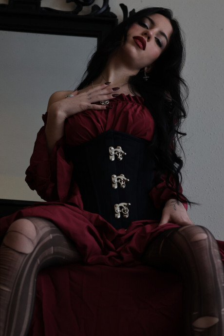 Dark-haired amateur Kore Fox models a retro dress and sheer leggings - #308434