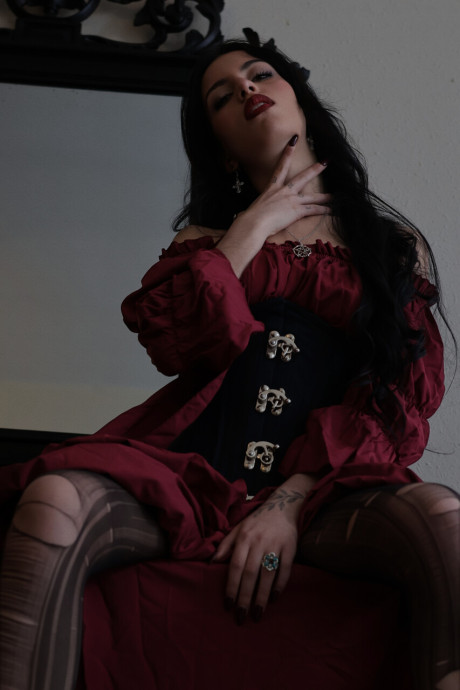 Dark-haired amateur Kore Fox models a retro dress and sheer leggings - #308435