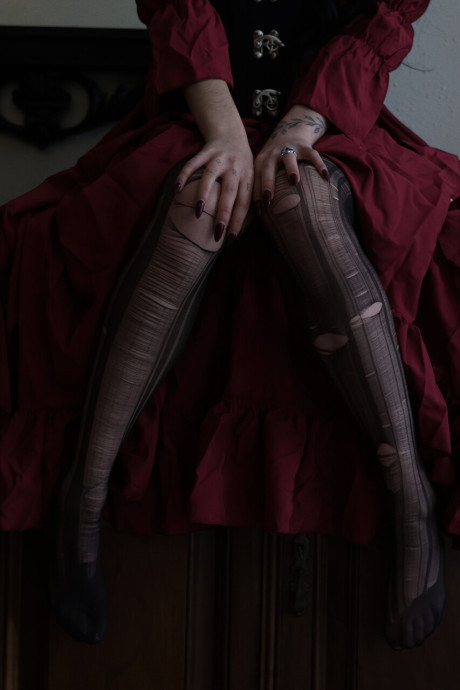 Dark-haired amateur Kore Fox models a retro dress and sheer leggings - #308437