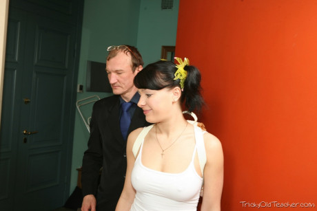 Brunette young seduces her old teacher to get a better grade - #209640