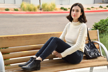 Stunning babe Giulia strips to her underwear before revealing her amazing boobies #13613