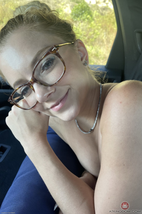 Skinny yellow-haired Riley Star holds her nice booty after getting undressed in glasses - #130487