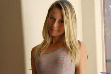 Beautiful babe takes off her pretty dress to show her small melons & her hot butt - #120857