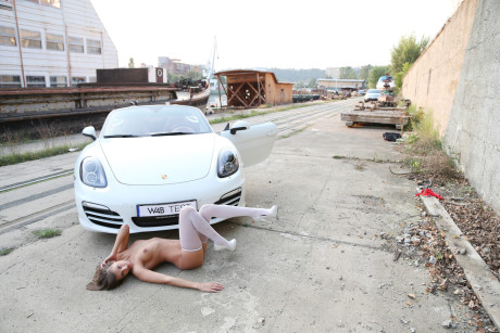 Adorable model with long legs Maria poses in stockings in a car - #180813