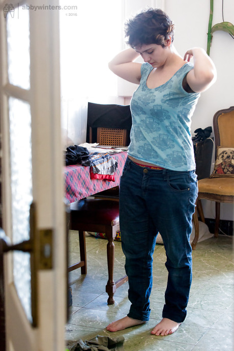 Chunky amateur solo skank girl chick pulling undies up over wide butt and bushy twat - #247718