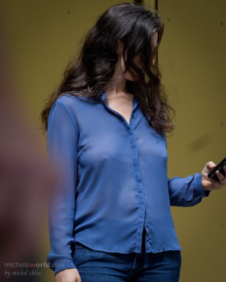 Brunette skank girl gets caught exposing her cleavage in public places - #311937