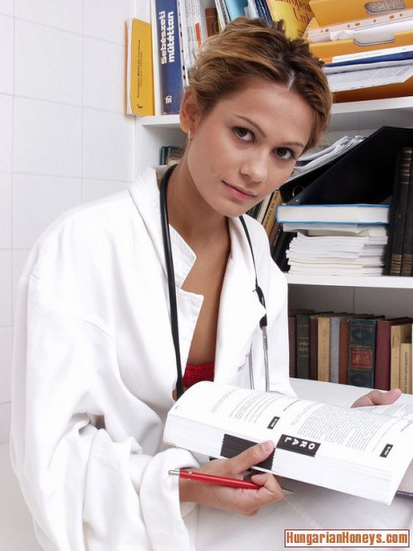 Hot nurse Eva Roberts strips to her stethoscope while working on her studies - #283875