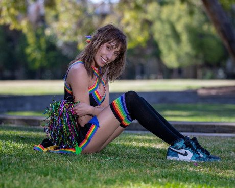 Skinny cheerleader flashes her humongous booty while dancing in public - #243812