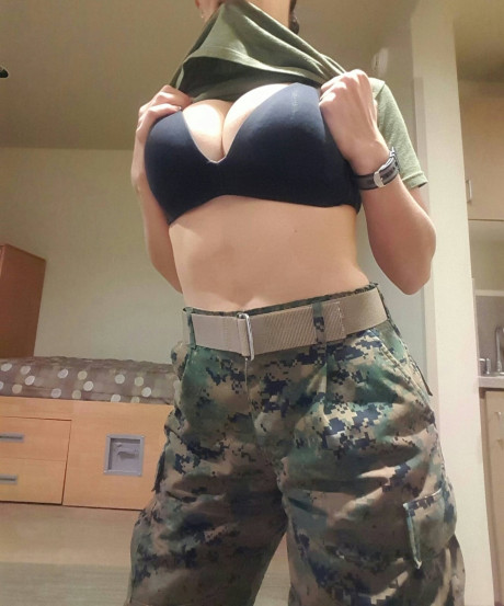 Curvy military broad fondles her monstrous melons while showing her puffy nipples - #313960
