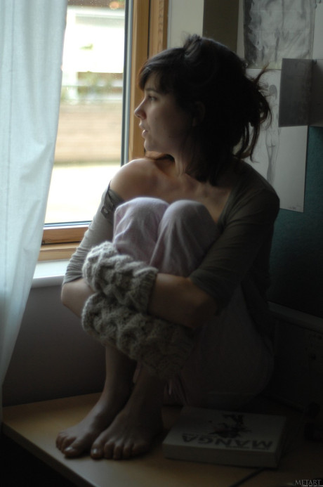 Thin teenie Estelle K gets undressed in fingerless gloves while reading a Manga book - #201686