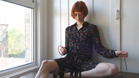 Skinny ginger head Enne toys her silky snatch while nude by a window in a solo - #324459