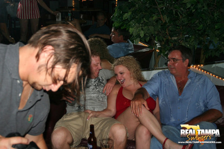 Playful amateur mature swinger wives teasing and French kissing at a party - #153901
