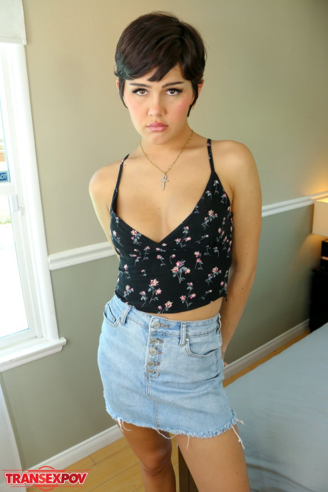 Gorgeous short-haired shemale slut girlfriend broad Daisy Taylor shows her boobs & strokes her rod - #296136