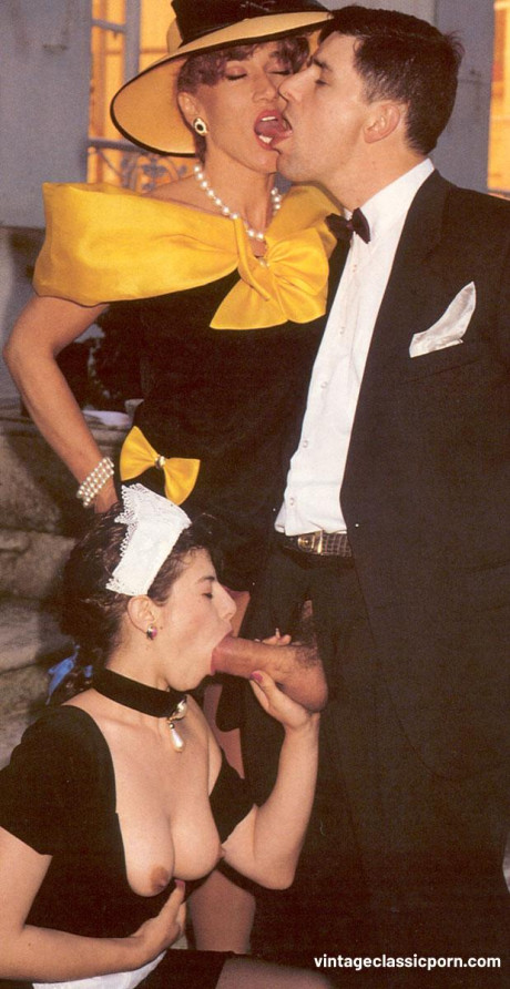Horny slut chick and a maid show their cunts and share a butler's cock in stockings - #156740