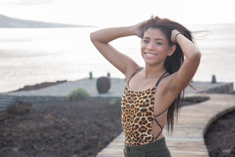Horny Venezuelan in a leopard bodysuit Karin Torres reveals her muff on a dock - #216281