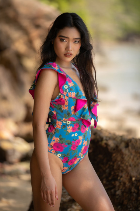 Pretty oriental skank gf lady gets totally undressed while on a beach by herself - #295714