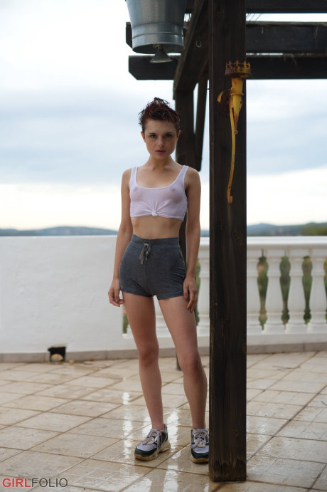 Solo lady gf girl with short red hair and freckles puffs on a smoke after getting wet - #311442