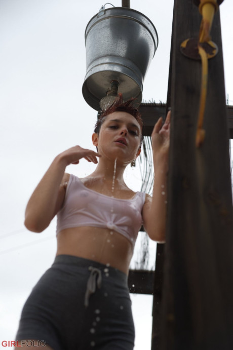 Solo lady gf girl with short red hair and freckles puffs on a smoke after getting wet - #311443