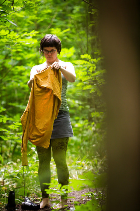 Voyeur snaps of undressed brunette whore chick in glasses getting dressed in woods - #130029
