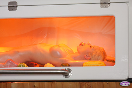 Blondie with gigantic tits Emily Addison oiled up and garnished on a roasting tray - #123522
