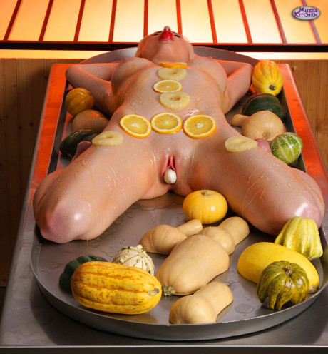 Blondie with gigantic tits Emily Addison oiled up and garnished on a roasting tray - #123528
