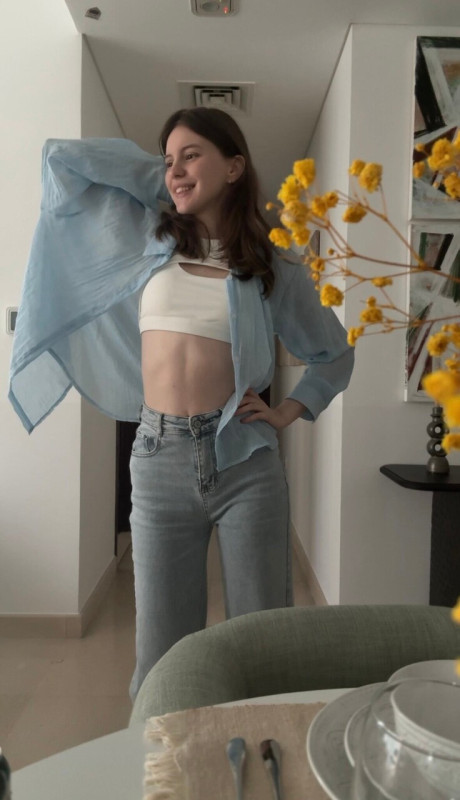 Brunette solo girl girl woman takes selfies while sporting denim attire - #300885