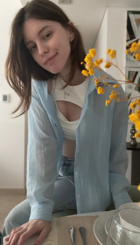 Brunette solo girl girl woman takes selfies while sporting denim attire - #300888