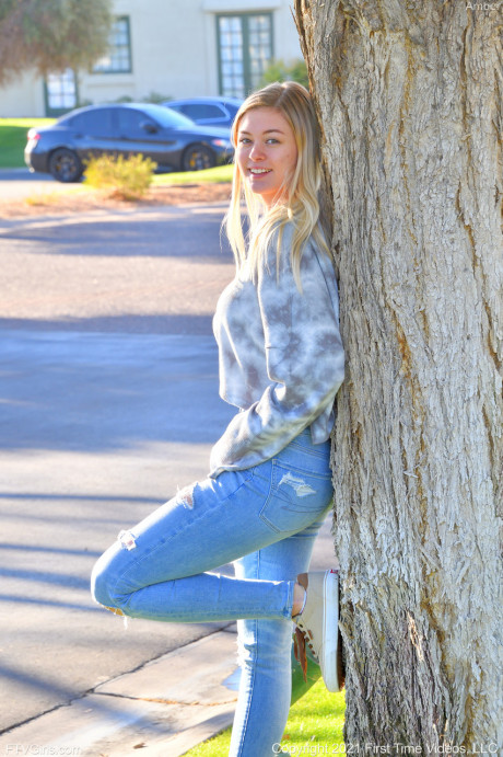 Golden-haired babe Amber gets nude in public and shows her perfect body - #132825