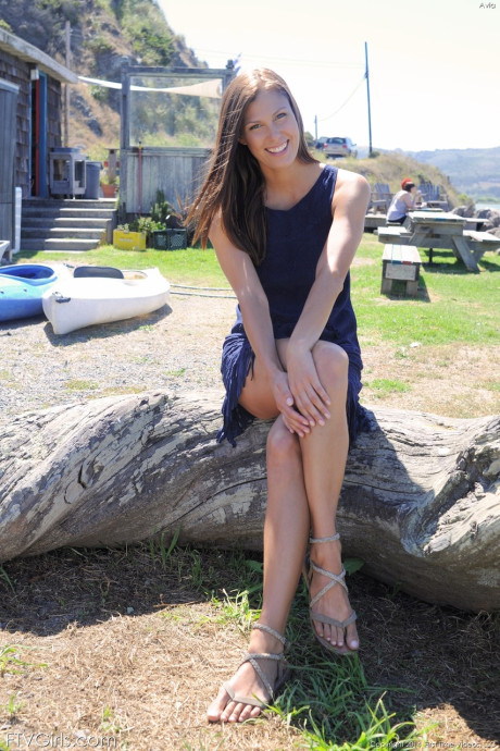 Sultry brunette babe Avia showing and spreading her hot snatch in public - #237657