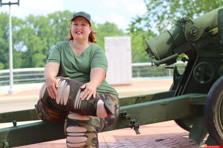 Obese amateur Goddess Pear models for a SFW shoot on an artillery gun in camo - #119757