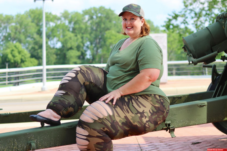 Obese amateur Goddess Pear models for a SFW shoot on an artillery gun in camo - #119765