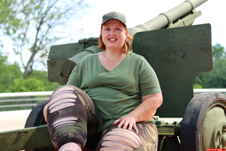Obese amateur Goddess Pear models for a SFW shoot on an artillery gun in camo - #119766