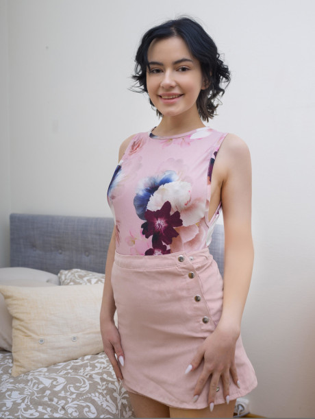 Lovely teen with short black hair gets totally nude on her bed - #301789