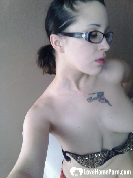 Nerdy amateur brunette shows her enormous titties and touches her muff in a solo - #126612