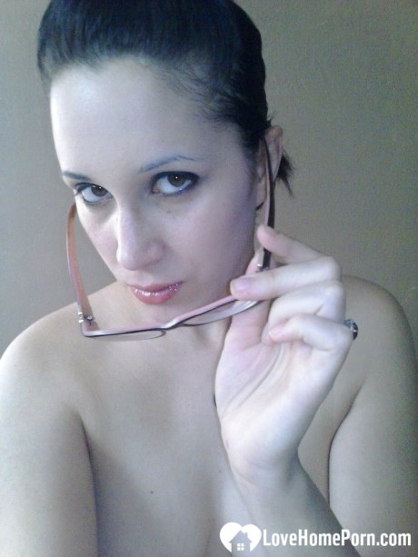 Nerdy amateur brunette shows her enormous titties and touches her muff in a solo - #126615