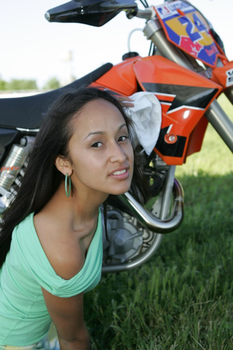 Breathtaking latina Pamy posing for outdoors for a motorcycle magazine - #121304