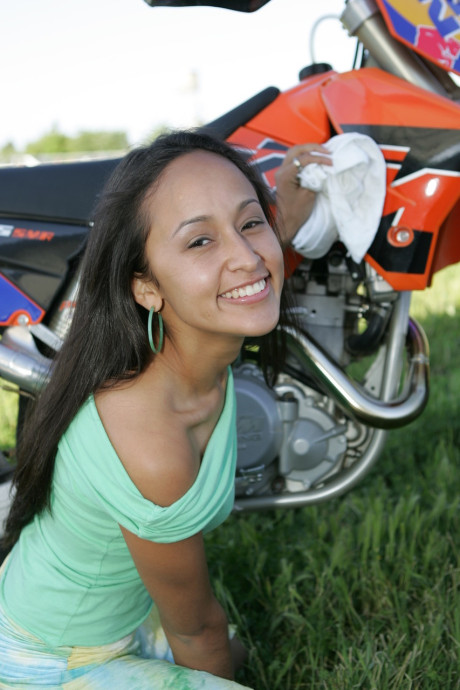 Breathtaking latina Pamy posing for outdoors for a motorcycle magazine - #121306