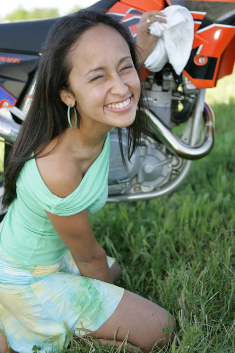 Breathtaking latina Pamy posing for outdoors for a motorcycle magazine - #121307