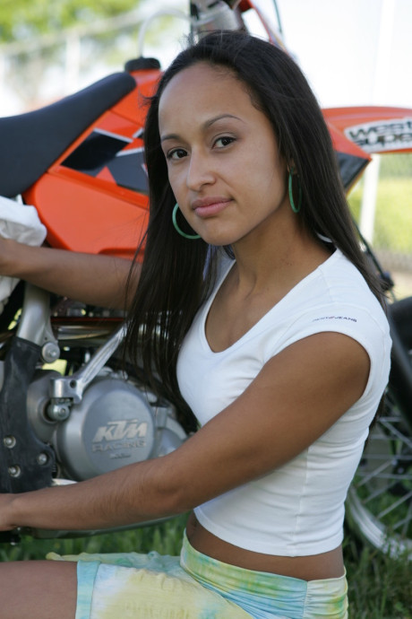 Breathtaking latina Pamy posing for outdoors for a motorcycle magazine - #121315