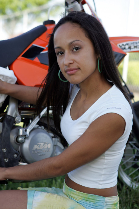 Breathtaking latina Pamy posing for outdoors for a motorcycle magazine - #121316