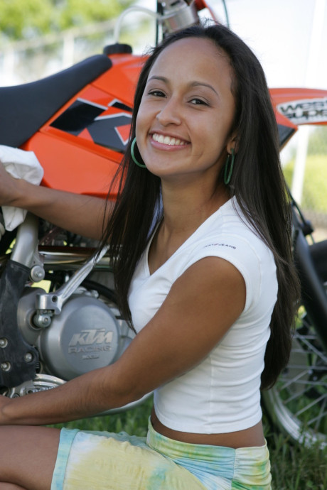 Breathtaking latina Pamy posing for outdoors for a motorcycle magazine - #121317